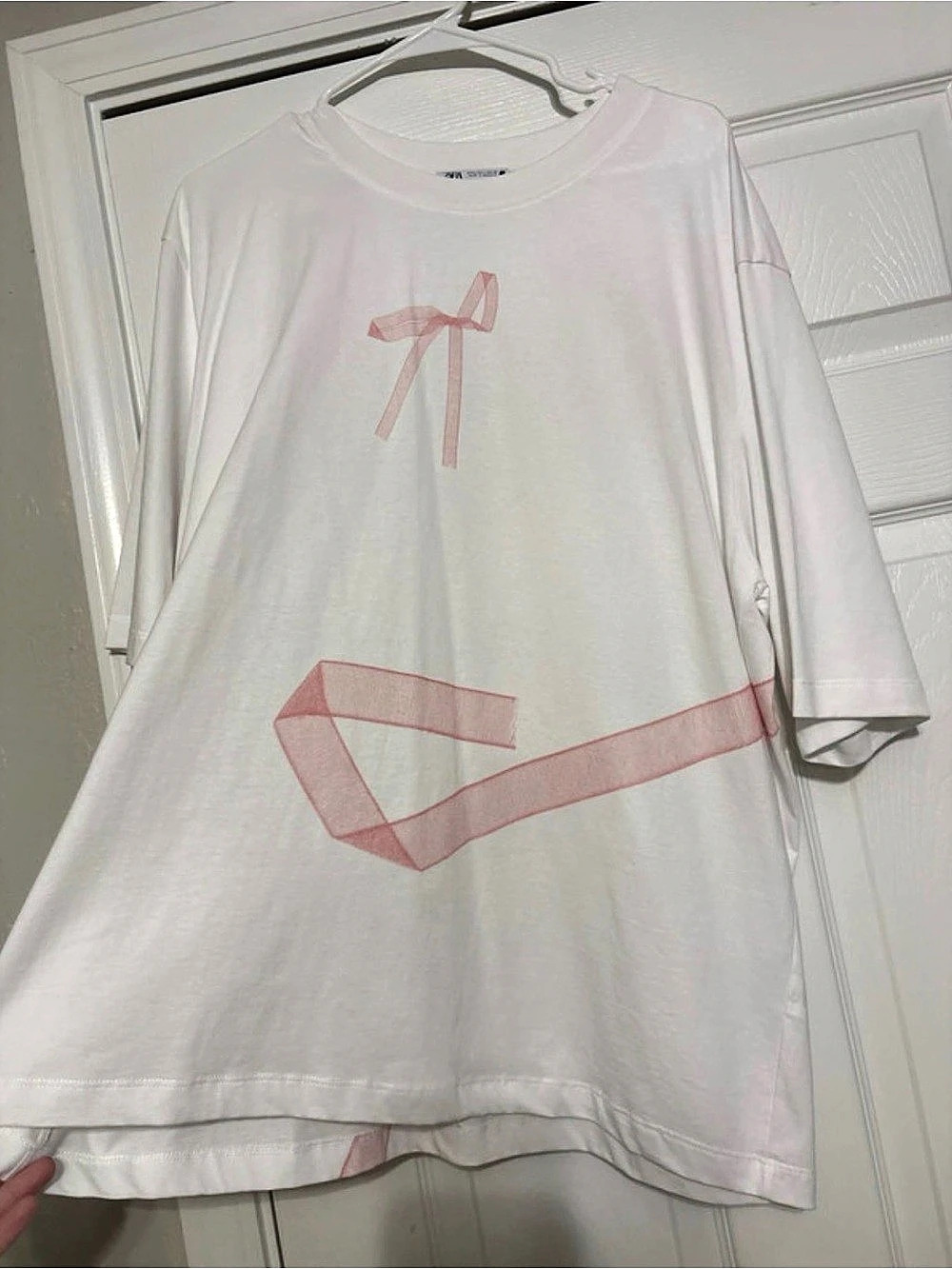 Zara Ribbon Graphic Tee in White & Pink
